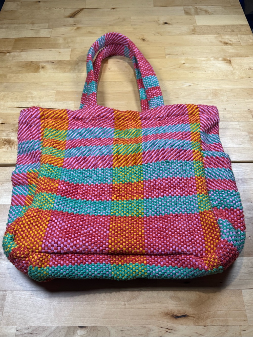 World Market Chunky Woven Colorful Tote with Side Pockets.